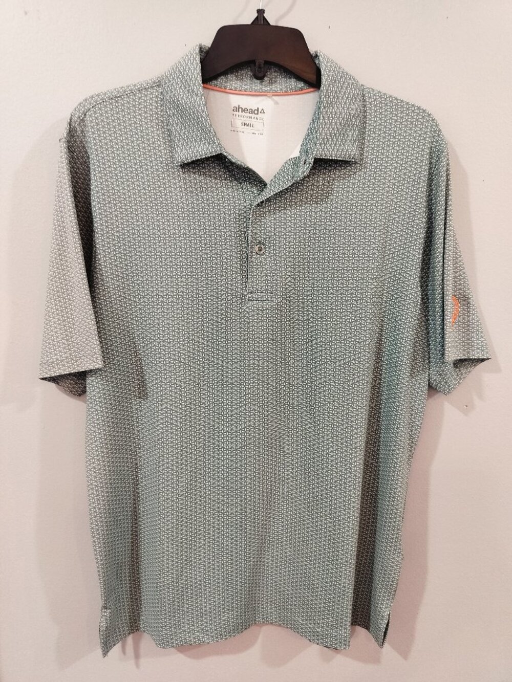 Ahead Performance Golf Polo Men’s Small Sage Green Geo Print Stretch Shirt